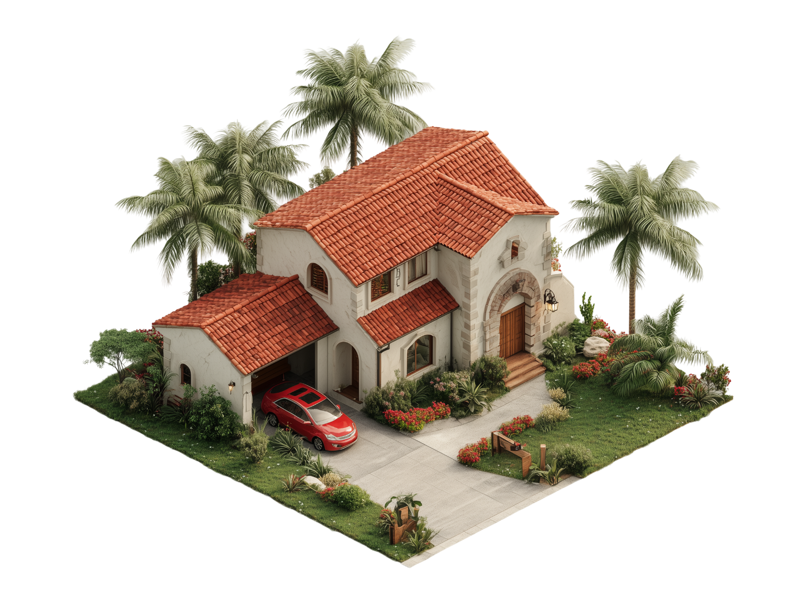 3D Isometric Mediterranean Villa with Palm Trees